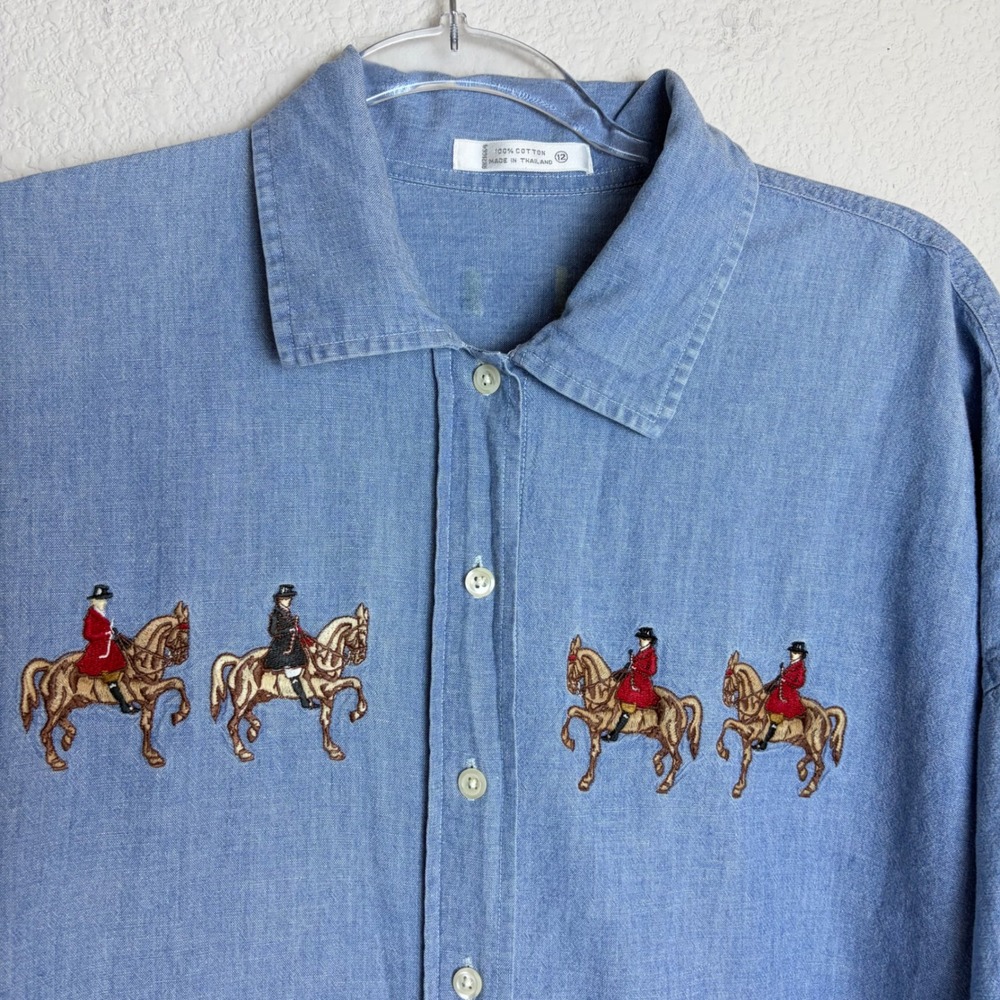 Blue Cotton Chambray Equestrian Embroidered Button Down Shirt Womens 12 Horse
